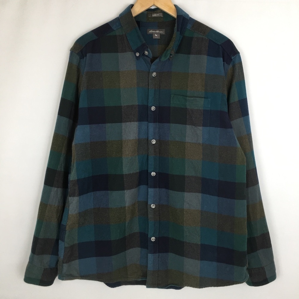 Eddie Bauer Classic Fit Flannel Shirt Mens Size Large Teal Blue Green Plaid